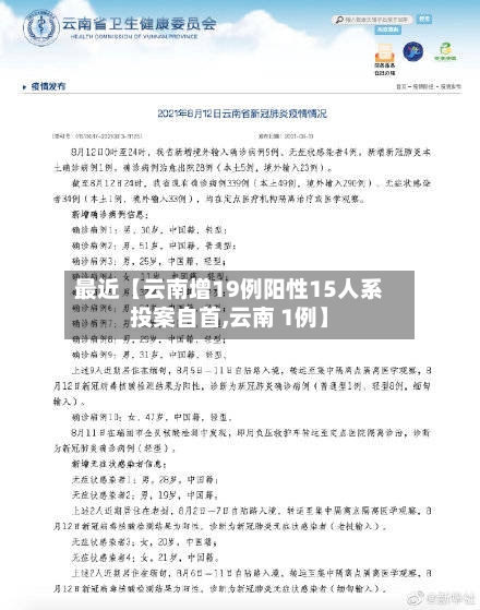 最近【云南增19例阳性15人系投案自首,云南 1例】
